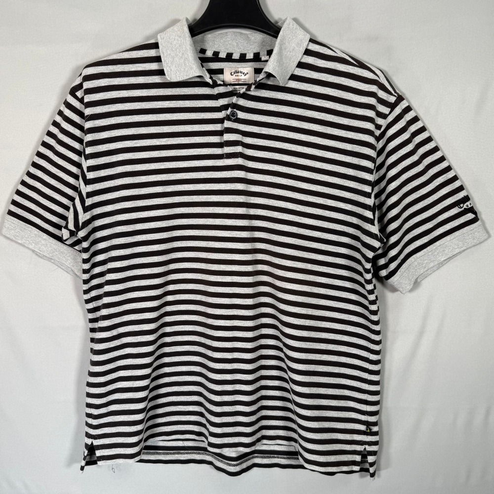 Callaway Golf Sport Mens Large Polo Shirt Black Grey Striped Cotton Short Sleeve